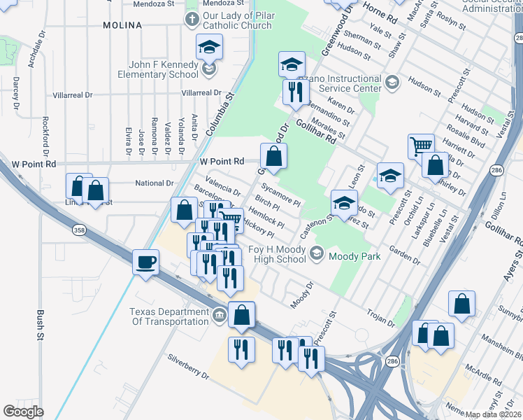 map of restaurants, bars, coffee shops, grocery stores, and more near 1630 Hemlock Place in Corpus Christi