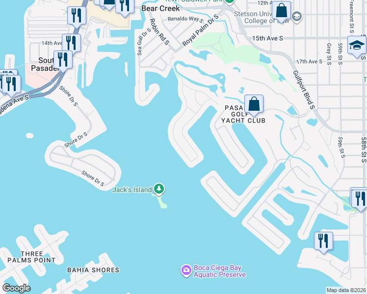 map of restaurants, bars, coffee shops, grocery stores, and more near 1949 Dolphin Boulevard South in St. Petersburg