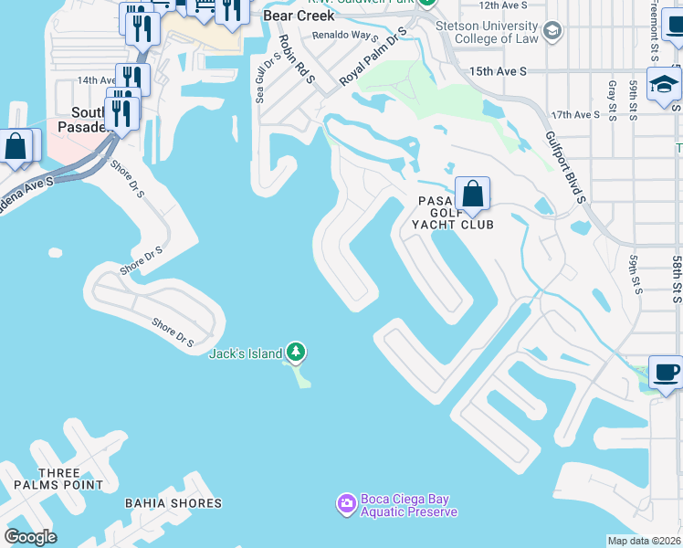 map of restaurants, bars, coffee shops, grocery stores, and more near 1949 Dolphin Boulevard South in St. Petersburg