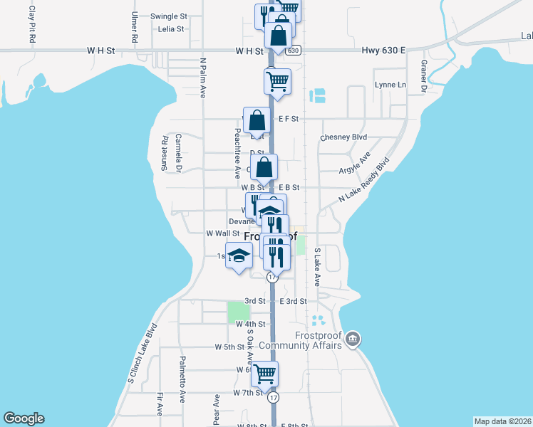 map of restaurants, bars, coffee shops, grocery stores, and more near 109 North Scenic Highway in Frostproof