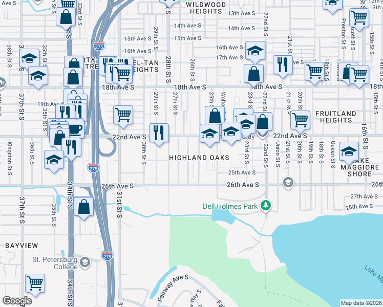 map of restaurants, bars, coffee shops, grocery stores, and more near 2325 Auburn Street South in St. Petersburg