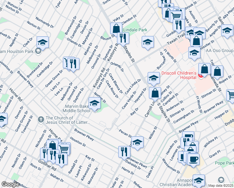 map of restaurants, bars, coffee shops, grocery stores, and more near 3330 Casa Rosa Drive in Corpus Christi