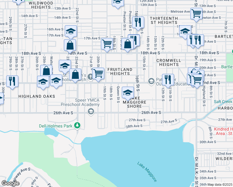 map of restaurants, bars, coffee shops, grocery stores, and more near 2305 Queen Street South in St. Petersburg