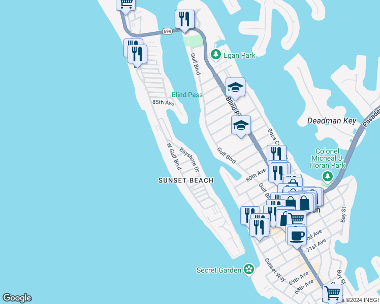 map of restaurants, bars, coffee shops, grocery stores, and more near 8373 Bayshore Drive in Treasure Island