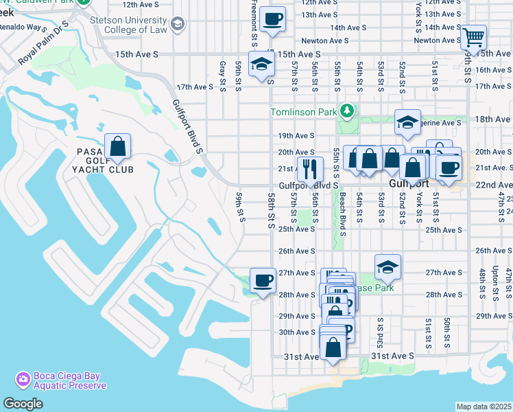 map of restaurants, bars, coffee shops, grocery stores, and more near 5830 23rd Avenue South in Gulfport