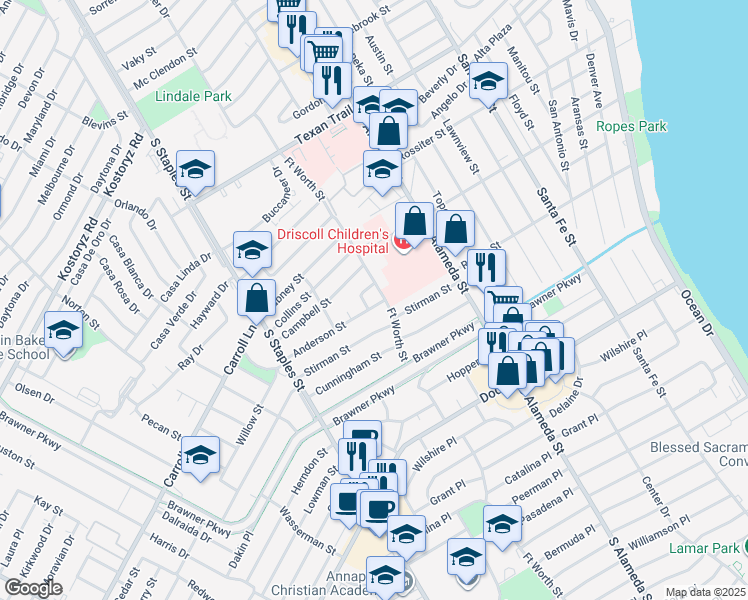 map of restaurants, bars, coffee shops, grocery stores, and more near 706 Anderson Street in Corpus Christi