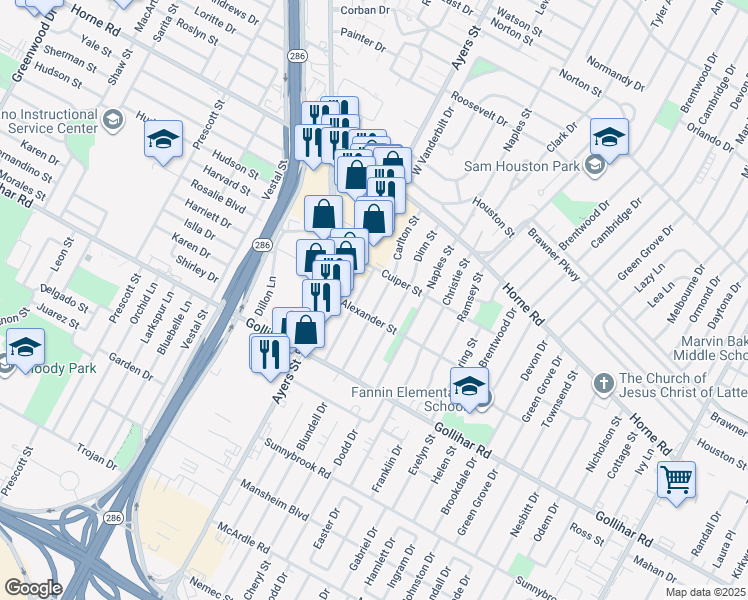map of restaurants, bars, coffee shops, grocery stores, and more near 4325 Dinn Street in Corpus Christi