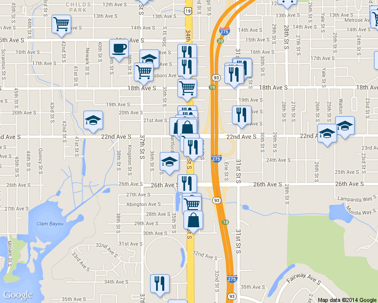 map of restaurants, bars, coffee shops, grocery stores, and more near 2333 34th St S in St Petersburg