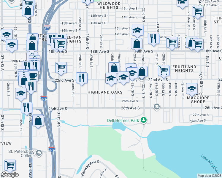 map of restaurants, bars, coffee shops, grocery stores, and more near 2324 26th Street South in St. Petersburg