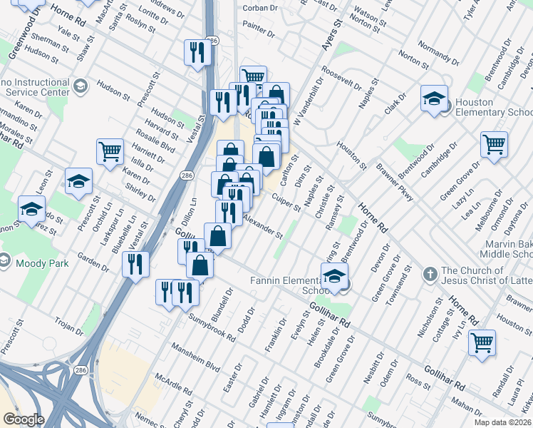 map of restaurants, bars, coffee shops, grocery stores, and more near 4325 Dinn Street in Corpus Christi