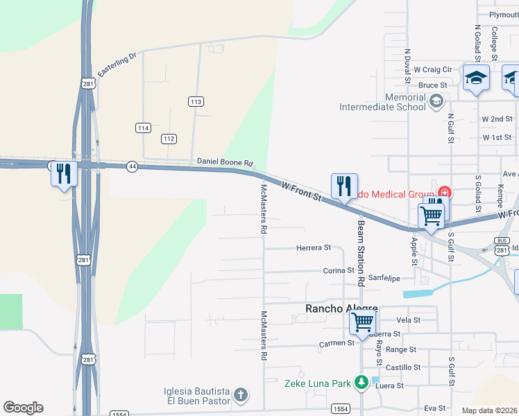 map of restaurants, bars, coffee shops, grocery stores, and more near 1917 Rodriguez Street in Alice