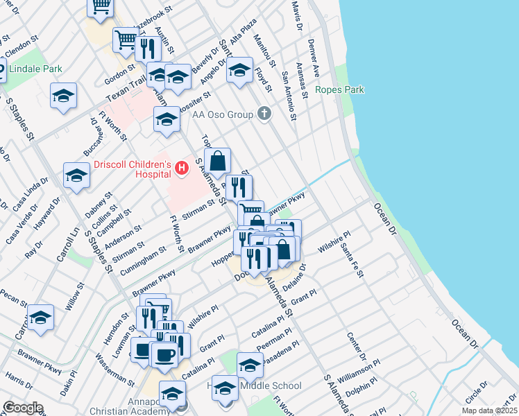 map of restaurants, bars, coffee shops, grocery stores, and more near 3661 Austin Street in Corpus Christi