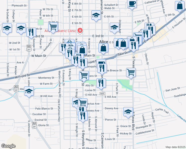 map of restaurants, bars, coffee shops, grocery stores, and more near 513 Lucero Street in Alice