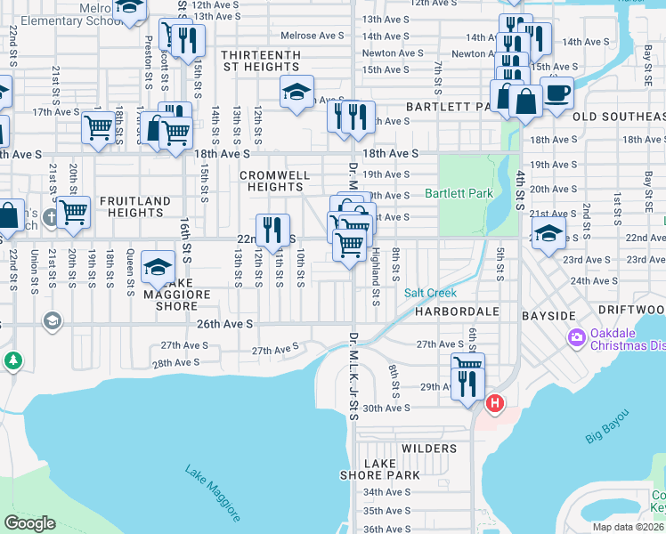 map of restaurants, bars, coffee shops, grocery stores, and more near 2327 Doctor Martin Luther King Junior Street South in St. Petersburg