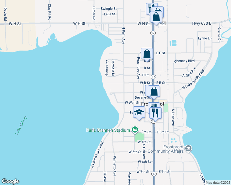 map of restaurants, bars, coffee shops, grocery stores, and more near 322 West A Street in Frostproof