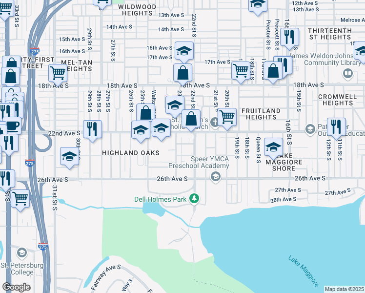 map of restaurants, bars, coffee shops, grocery stores, and more near 2242 23rd Avenue South in St. Petersburg