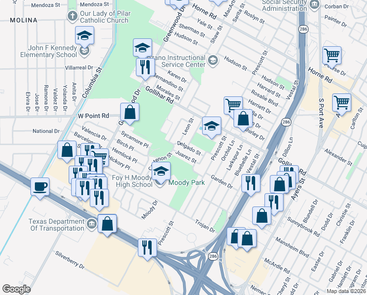 map of restaurants, bars, coffee shops, grocery stores, and more near 1813 Delgado Street in Corpus Christi