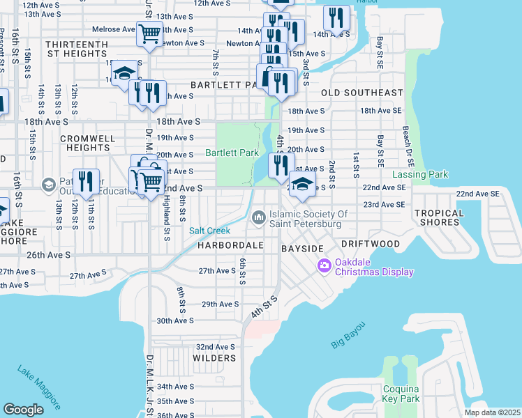 map of restaurants, bars, coffee shops, grocery stores, and more near 501 24th Avenue South in St. Petersburg