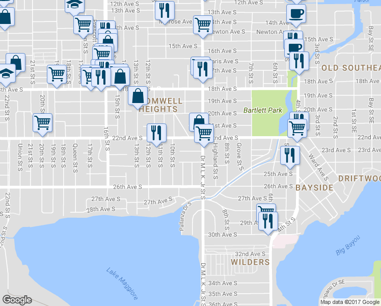 map of restaurants, bars, coffee shops, grocery stores, and more near 2327 Doctor Martin Luther King Junior Street South in St. Petersburg