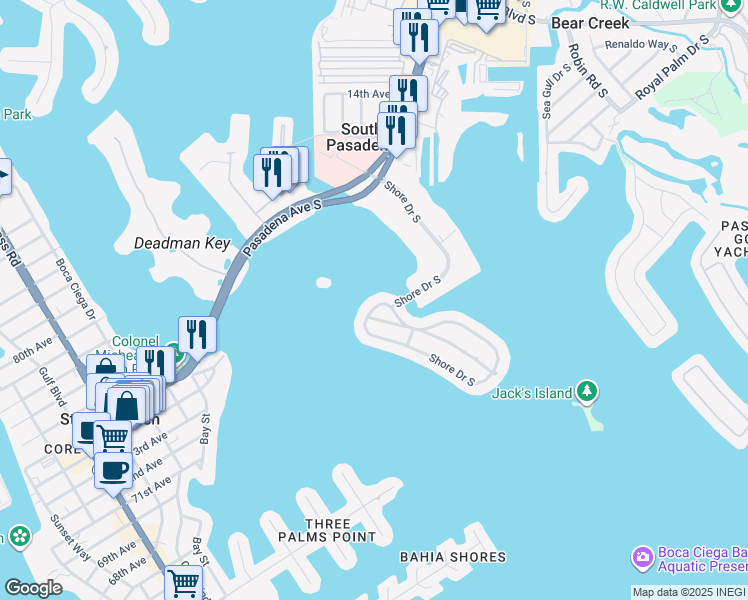 map of restaurants, bars, coffee shops, grocery stores, and more near 6901 South Shore Drive South in South Pasadena