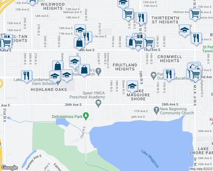 map of restaurants, bars, coffee shops, grocery stores, and more near 2250 20th Street South in St. Petersburg