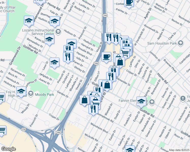 map of restaurants, bars, coffee shops, grocery stores, and more near 2202 Gollihar Road in Corpus Christi
