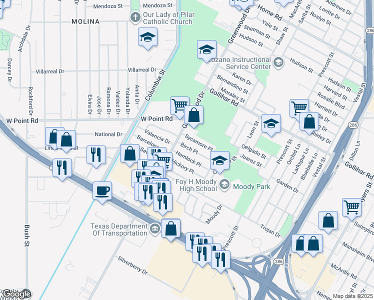 map of restaurants, bars, coffee shops, grocery stores, and more near 1630 Hemlock Place in Corpus Christi