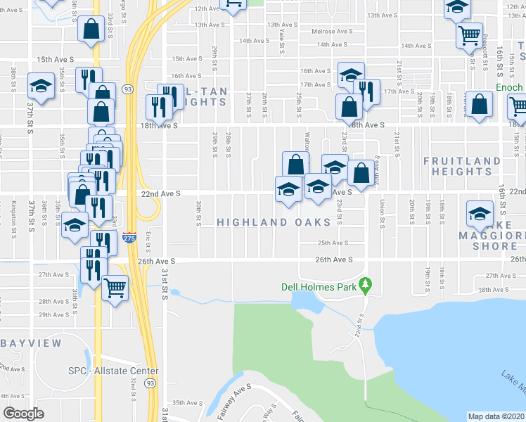 map of restaurants, bars, coffee shops, grocery stores, and more near 2300 Auburn Street South in Saint Petersburg