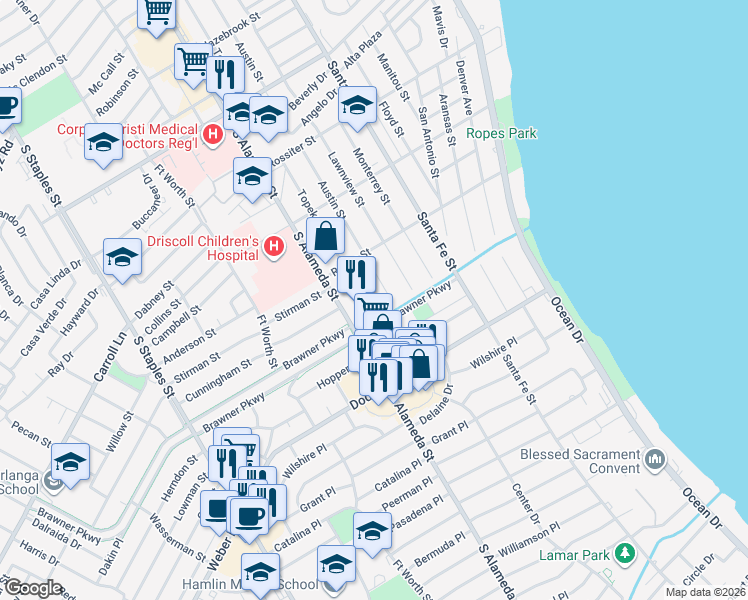 map of restaurants, bars, coffee shops, grocery stores, and more near 3661 Austin Street in Corpus Christi