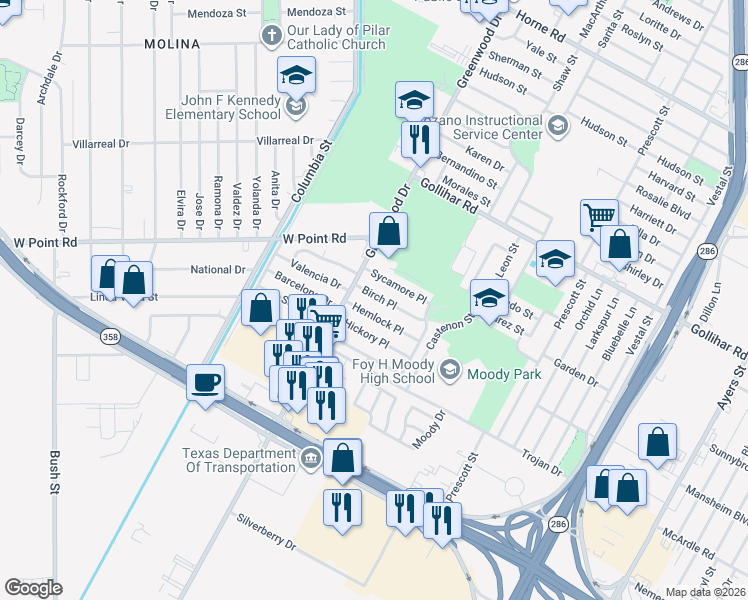 map of restaurants, bars, coffee shops, grocery stores, and more near 1630 Hemlock Place in Corpus Christi