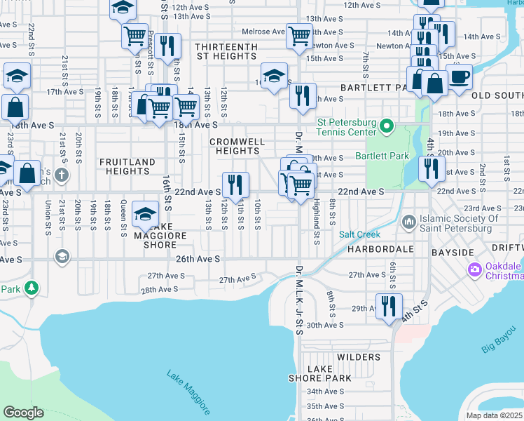 map of restaurants, bars, coffee shops, grocery stores, and more near 2304 10th Street South in St. Petersburg