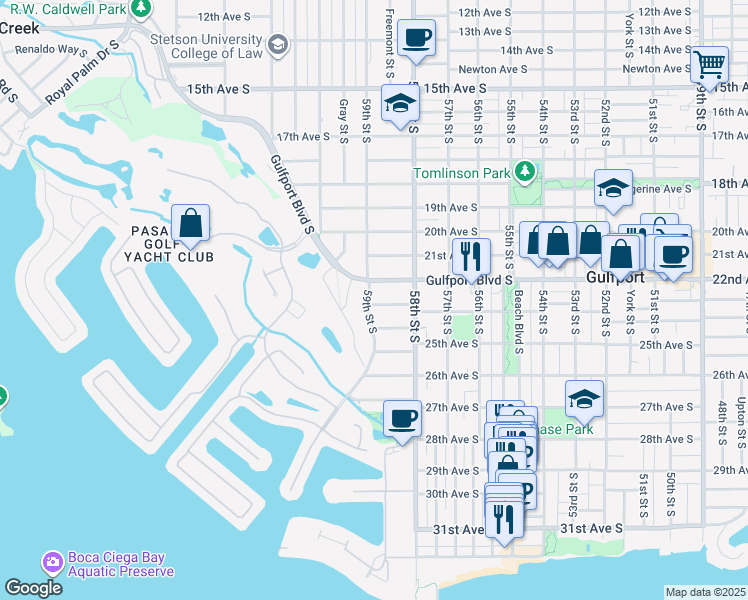 map of restaurants, bars, coffee shops, grocery stores, and more near 2311 59th Street South in Gulfport