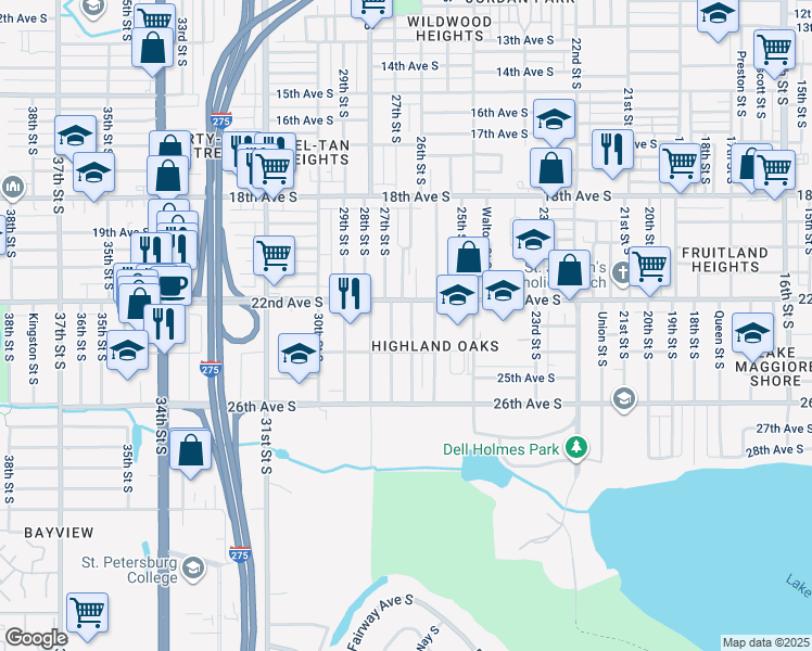 map of restaurants, bars, coffee shops, grocery stores, and more near 2325 Auburn Street South in St. Petersburg