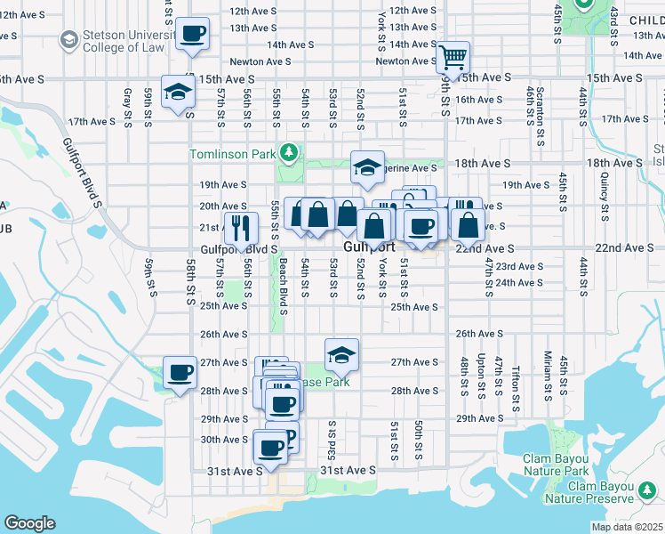 map of restaurants, bars, coffee shops, grocery stores, and more near 5314 23rd Avenue South in Gulfport
