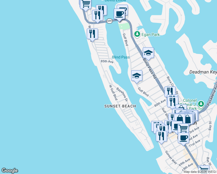 map of restaurants, bars, coffee shops, grocery stores, and more near 8410 West Gulf Boulevard in Treasure Island