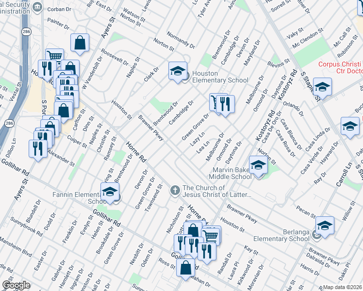 map of restaurants, bars, coffee shops, grocery stores, and more near 4000 Green Grove Drive in Corpus Christi