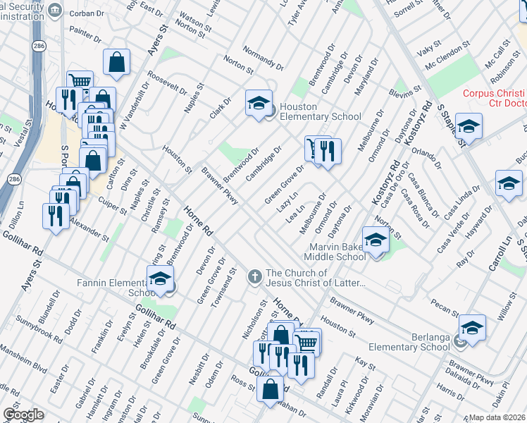 map of restaurants, bars, coffee shops, grocery stores, and more near 4000 Green Grove Drive in Corpus Christi