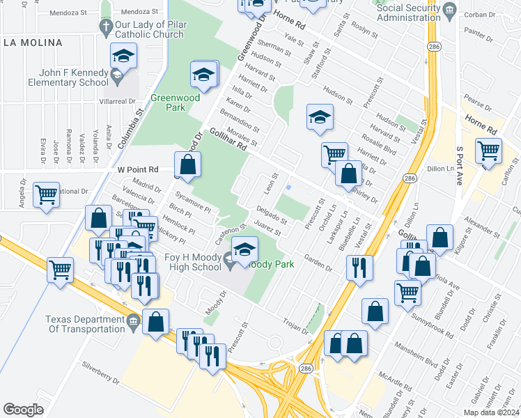 map of restaurants, bars, coffee shops, grocery stores, and more near 1810 Delgado Street in Corpus Christi