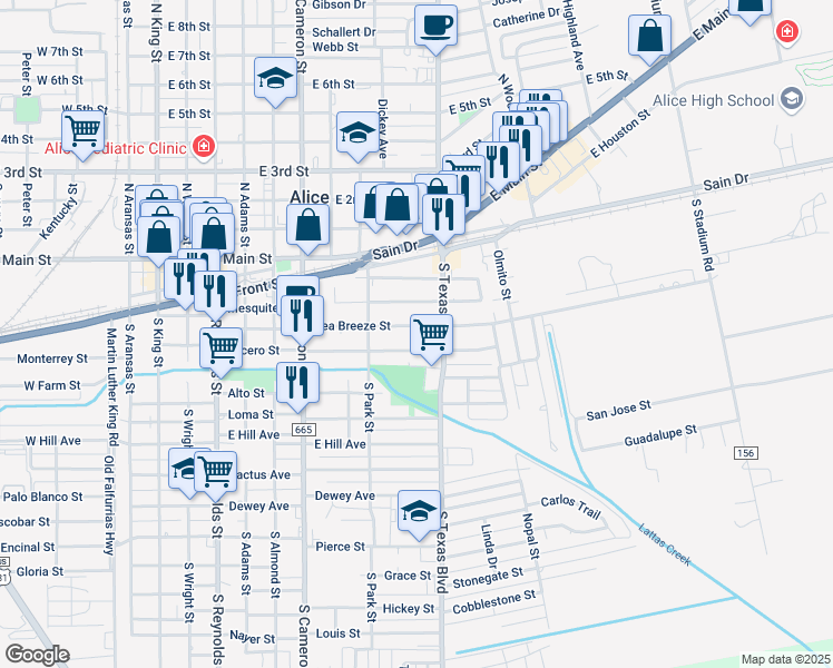 map of restaurants, bars, coffee shops, grocery stores, and more near 844 Lucero Street in Alice