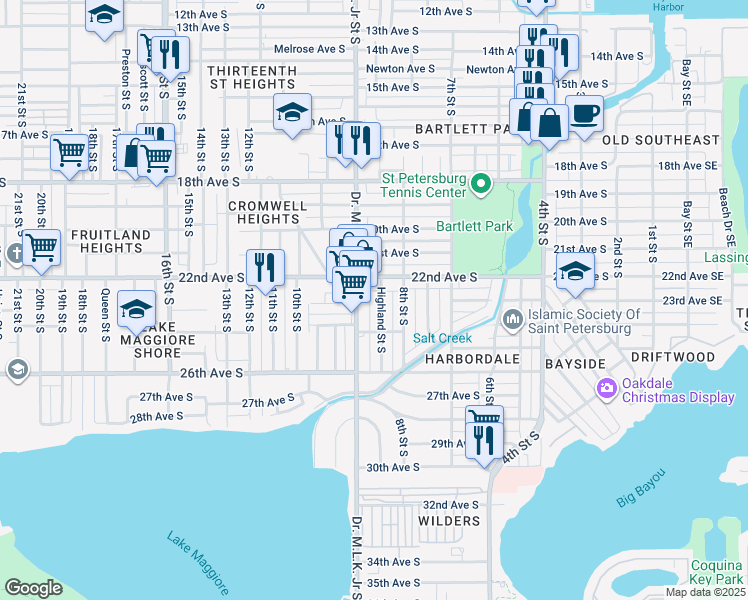 map of restaurants, bars, coffee shops, grocery stores, and more near 2319 Highland Street South in St. Petersburg