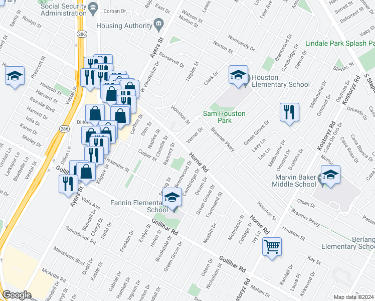 map of restaurants, bars, coffee shops, grocery stores, and more near Horne Road in Corpus Christi