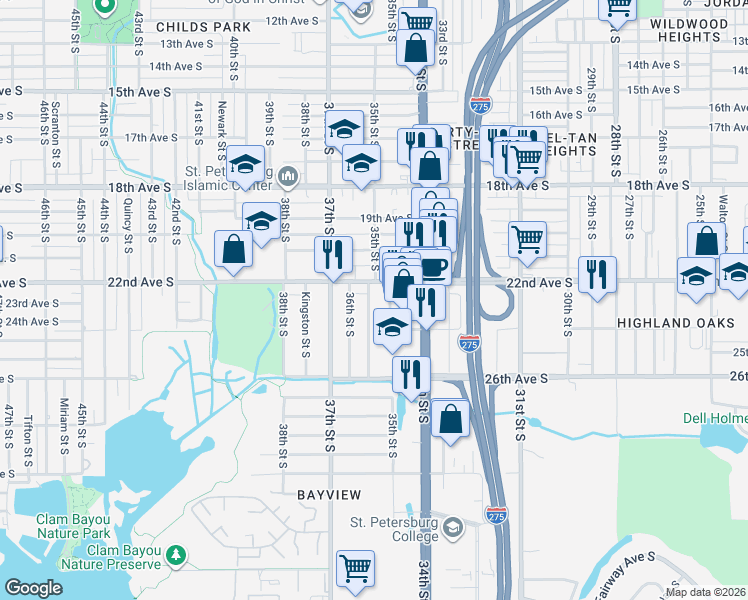 map of restaurants, bars, coffee shops, grocery stores, and more near 2326 35th Street South in St. Petersburg