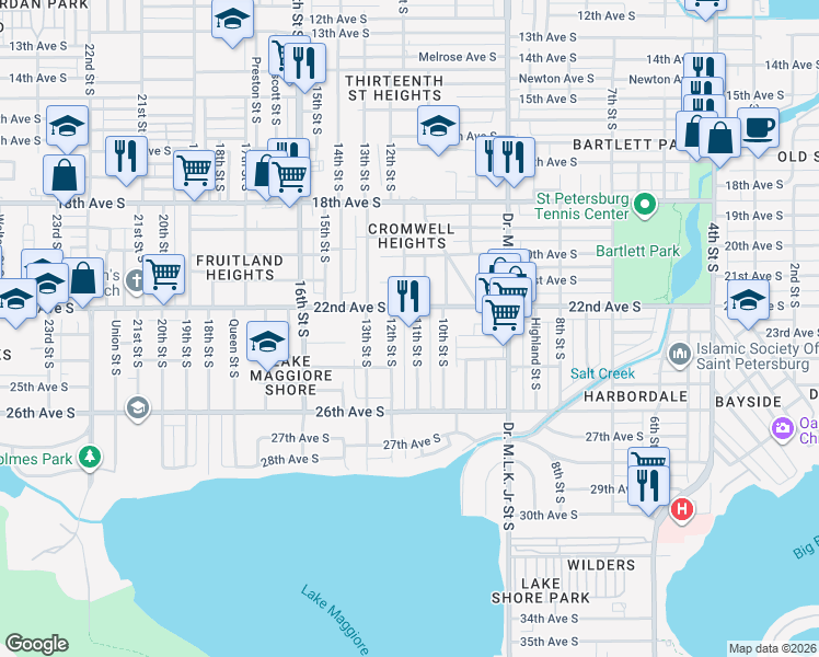 map of restaurants, bars, coffee shops, grocery stores, and more near 2334 11th Street South in St. Petersburg