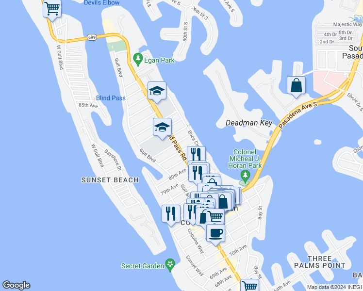 map of restaurants, bars, coffee shops, grocery stores, and more near 8012 Florida 699 in St. Pete Beach