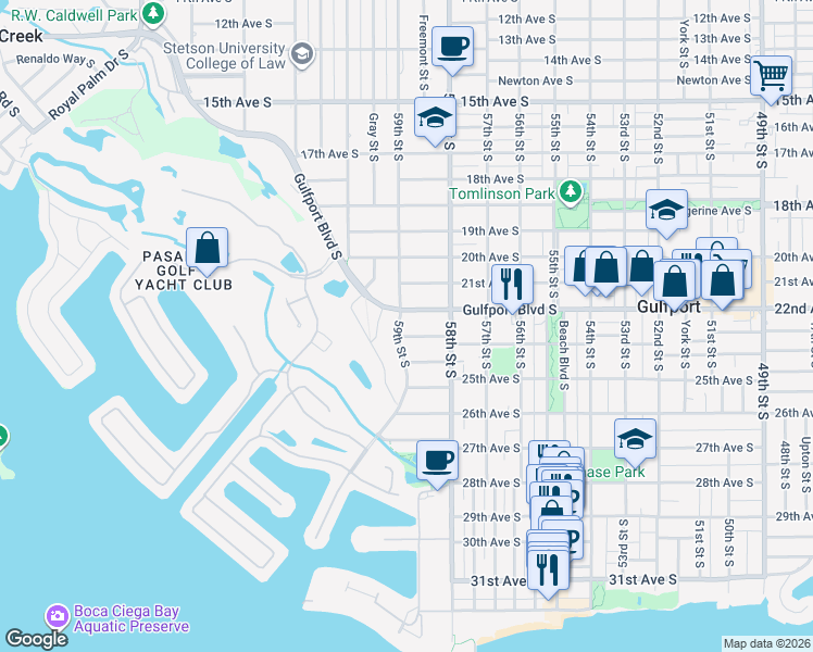 map of restaurants, bars, coffee shops, grocery stores, and more near 2220 59th Street South in Gulfport
