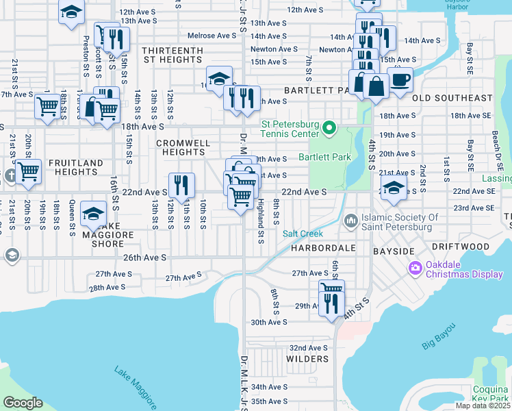 map of restaurants, bars, coffee shops, grocery stores, and more near 2319 Highland Street South in St. Petersburg