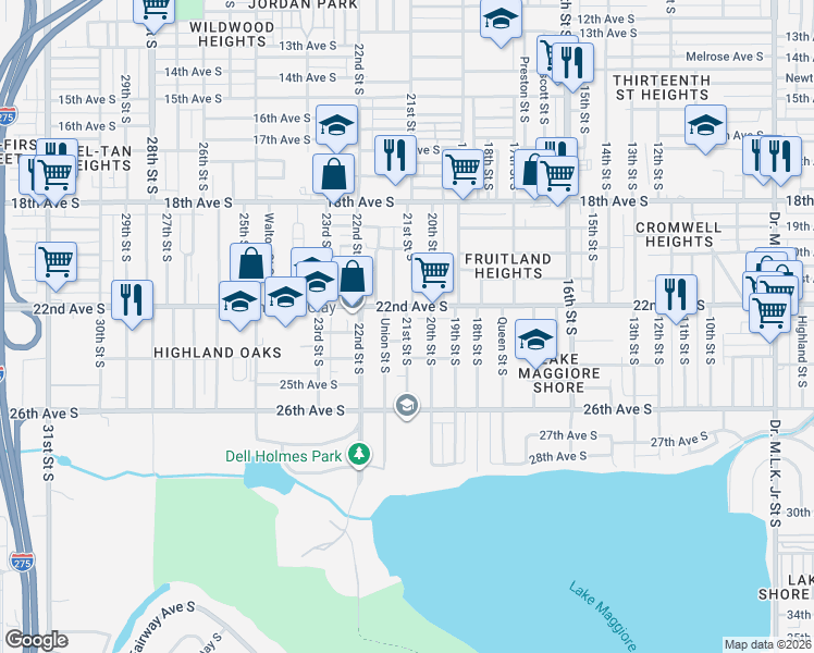map of restaurants, bars, coffee shops, grocery stores, and more near 2301 20th Street South in St. Petersburg