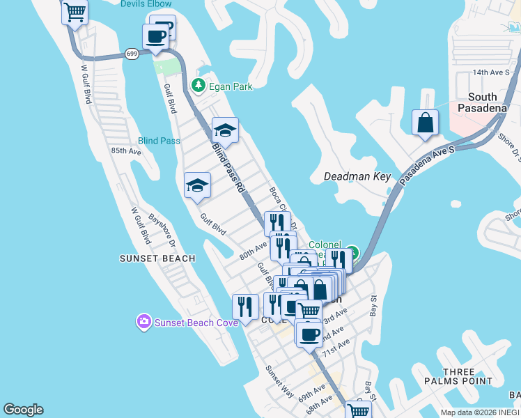 map of restaurants, bars, coffee shops, grocery stores, and more near 8012 Florida 699 in St. Pete Beach