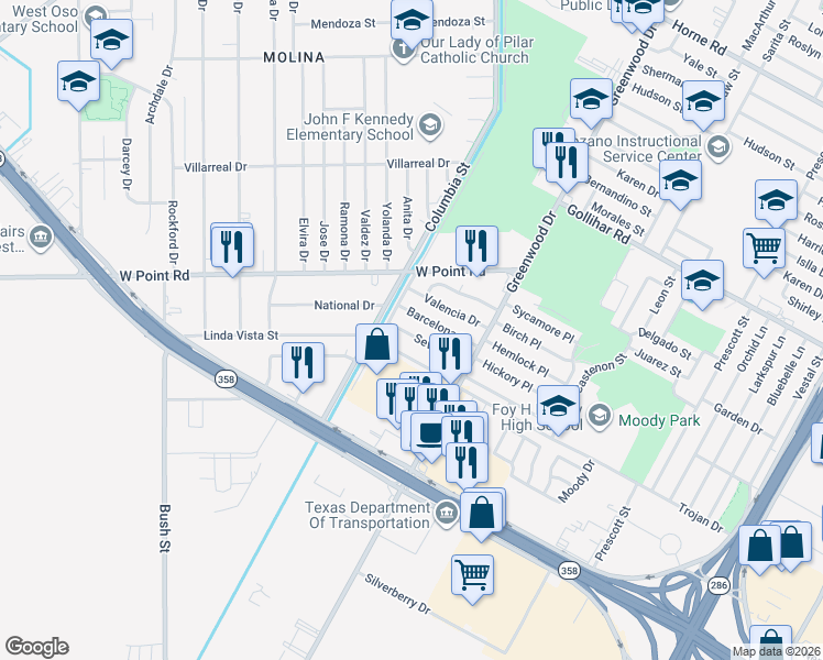 map of restaurants, bars, coffee shops, grocery stores, and more near 1426 Trojan Drive in Corpus Christi