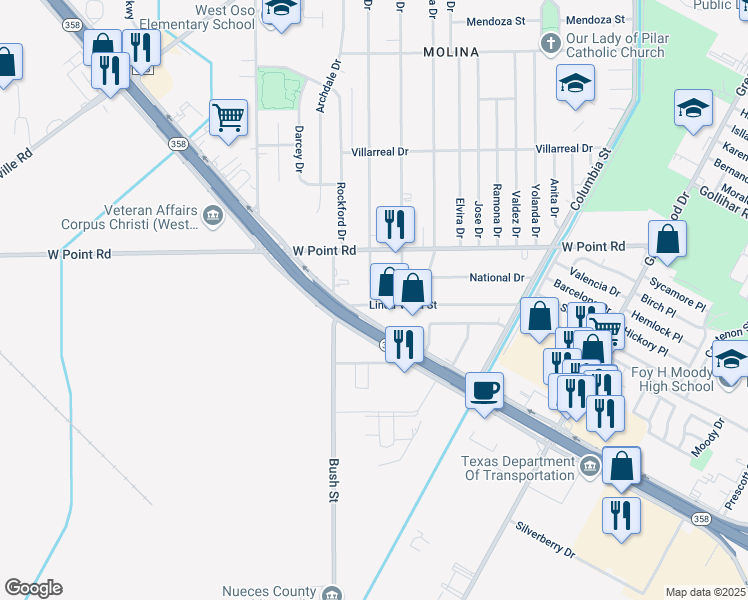 map of restaurants, bars, coffee shops, grocery stores, and more near 1110 South Padre Island Drive in Corpus Christi